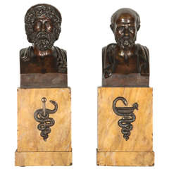 19th Century Bronze Busts of Asclepius and Hippocrates on Marble Stands