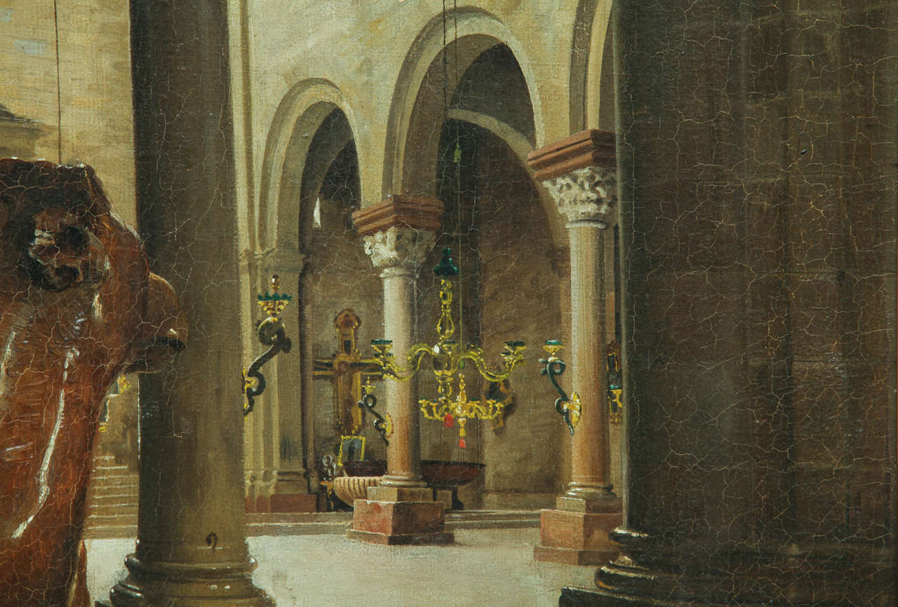 19th Century European School, Painting Depicting a Church Interior, Oil on Panel In Excellent Condition For Sale In Roma, IT