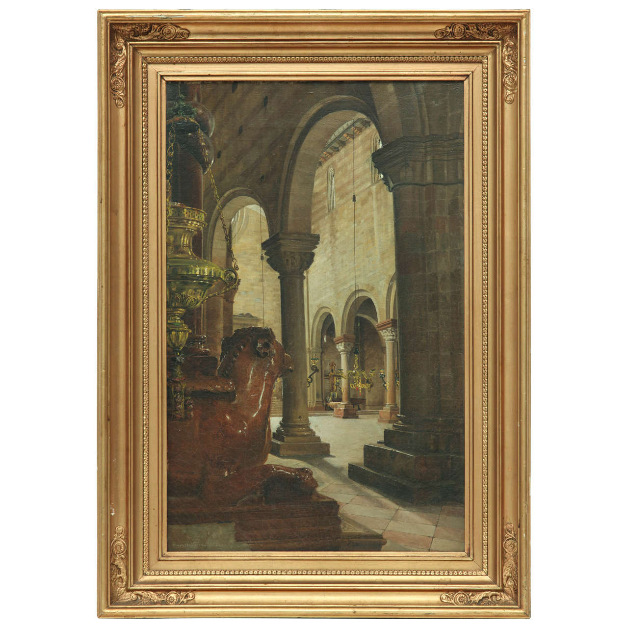 19th Century European School, Painting Depicting a Church Interior, Oil on Panel For Sale