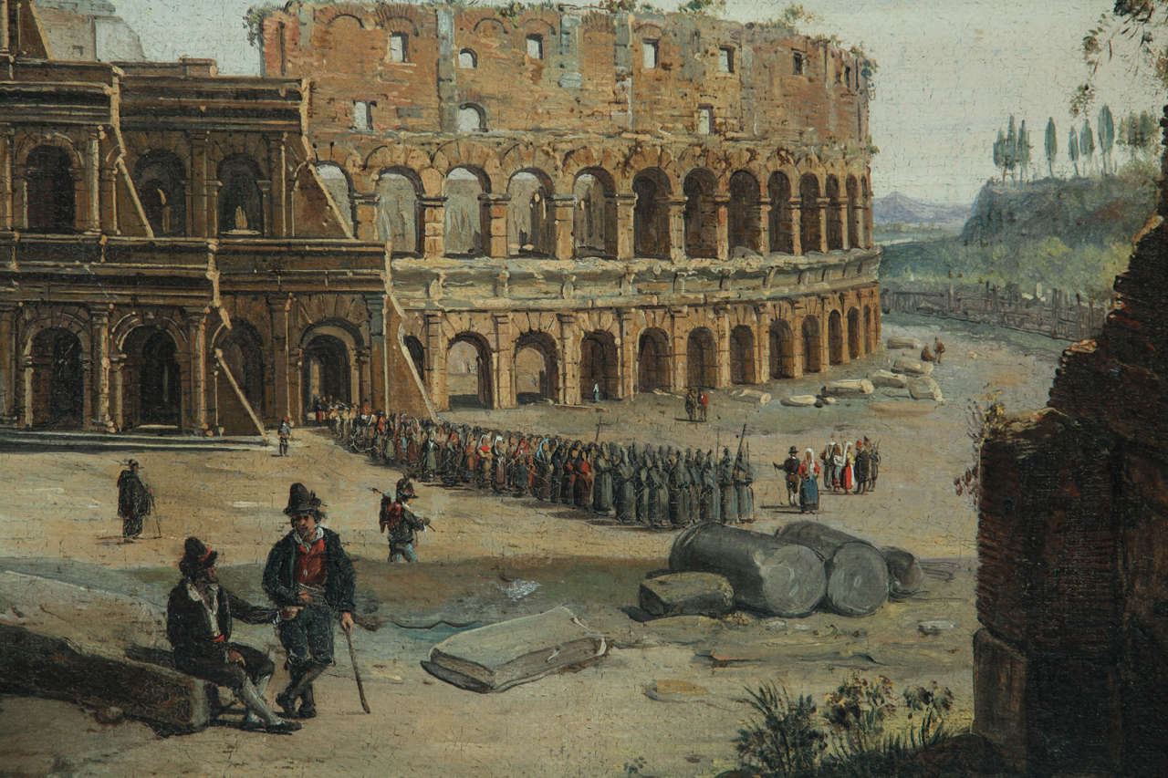 18th Century Italian painter, Views of the Roman Colosseum (pair), oil on canvas For Sale 1