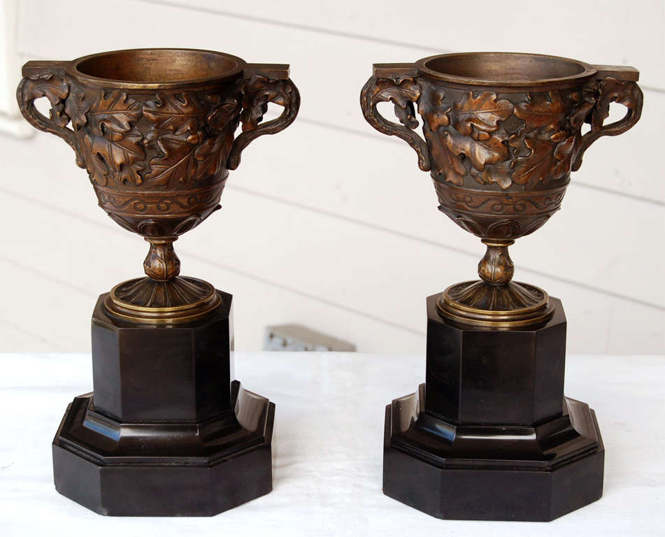 Ces urnes en bronze bien modelées, fabriquées en France au cours du troisième quart du XIXe siècle, présentent toute la grâce associée à cette époque. Le corps classique, recouvert de feuilles de chêne et de baies finement détaillées, est encore