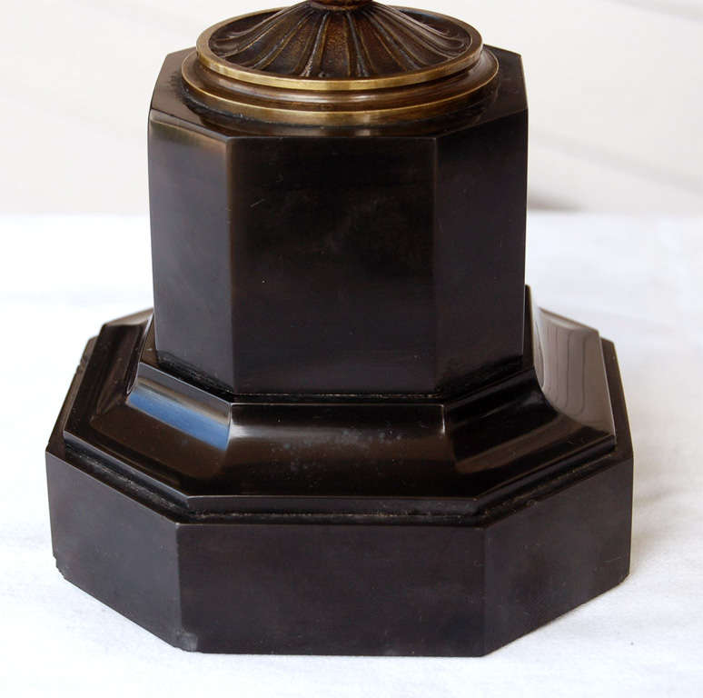 Pair French 19th C.  Bronze Decoartive Urns on Marble Bases For Sale 1
