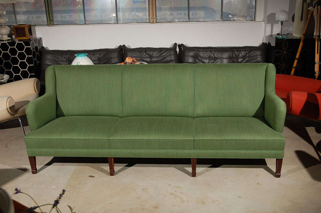Sofa Upholstered in Green Fabric w/Mahogany Legs