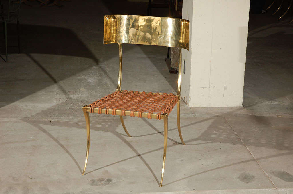 Set of 6 Brass Klismos Style Chairs with Woven Leather Seats