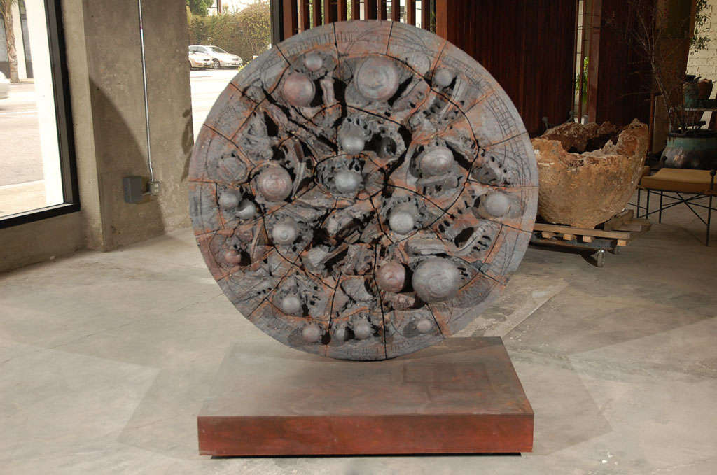 Clay Disc w/Gunmetal Finish & Pieces of Ceramic Sculpture Adhered to the Front on a Metal Base