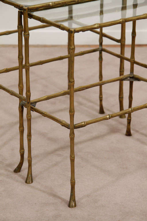 Set of 3 Mid Century Brass & Glass Faux Bamboo Nesting Tables