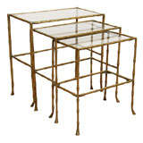Set of 3 Mid Century Brass & Glass Faux Bamboo Nesting Tables