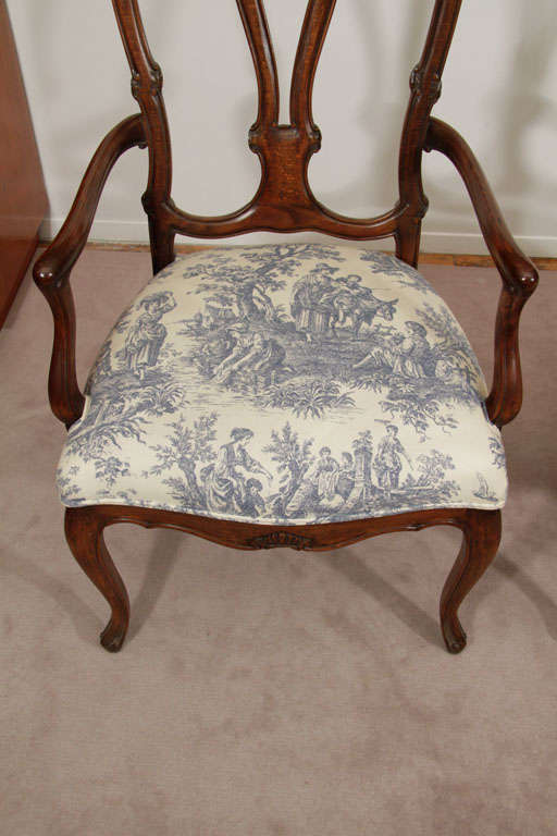 American Set of 8 Cherry Wood Dining Chairs in White and Blue Toile