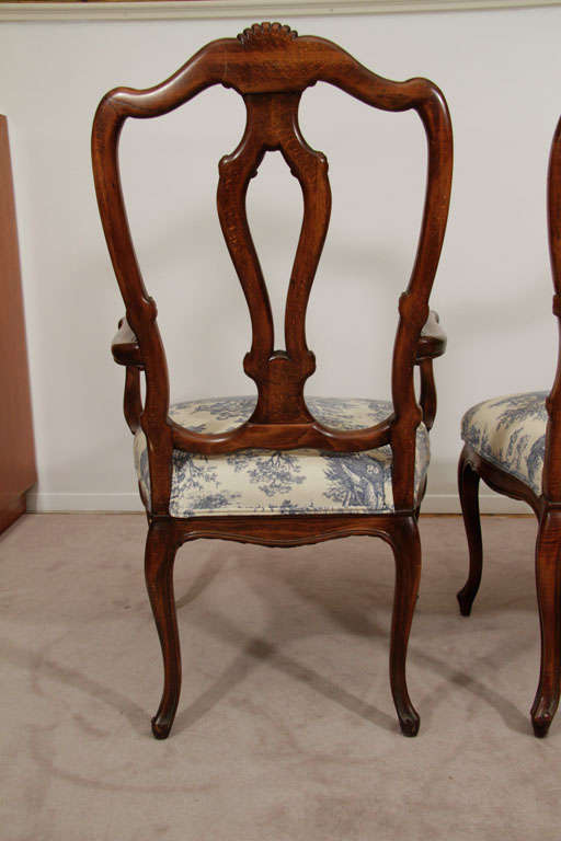 Set of 8 Cherry Wood Dining Chairs in White and Blue Toile 1