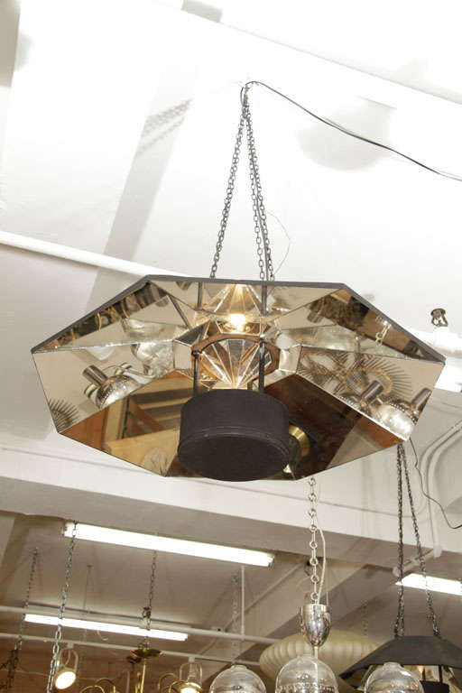 20th Century Large Mid Century Octagonal Mirrored Hanging Light Fixture