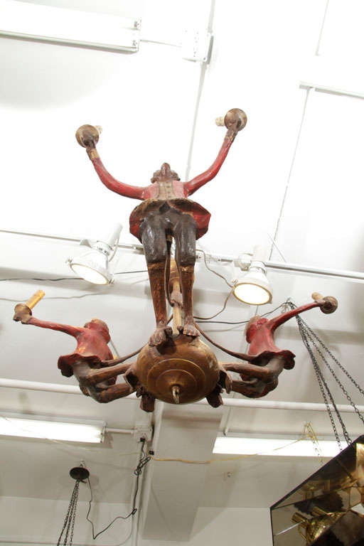 American Vintage Carved and Painted Wood Chandelier with Monkey Motif