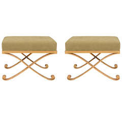 Pair Mid Century Wrought Iron Gilt Benches