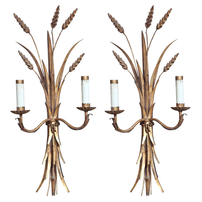 Pair of Gilded Metal "Sheaf of Wheat" Sconces