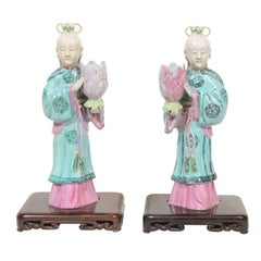 Pair of Chinese Export Famille Rose Court Lady Candlesticks