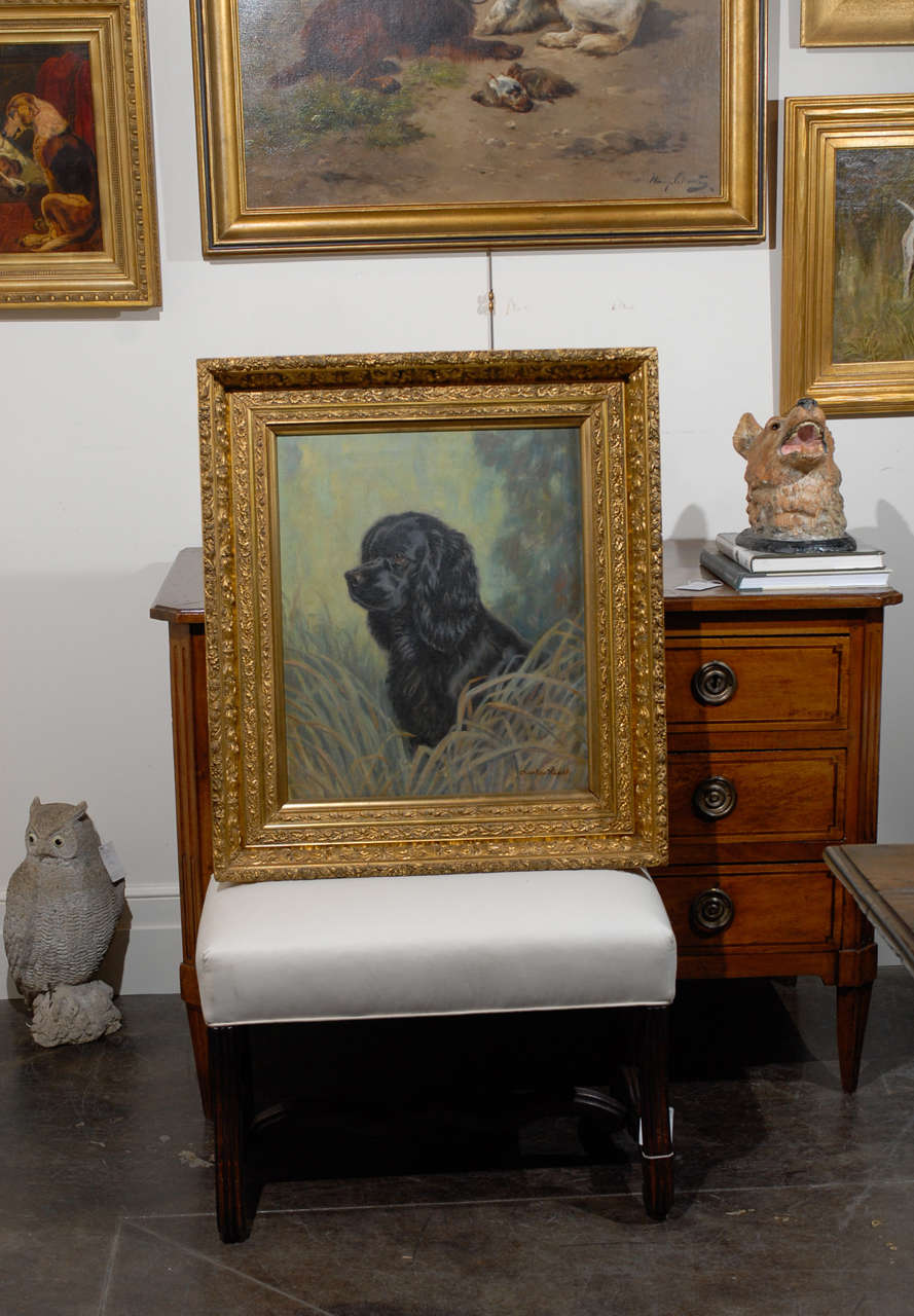 American Oil Painting of Black Dog in Four-Tier Giltwood Frame, circa 1930 For Sale 2