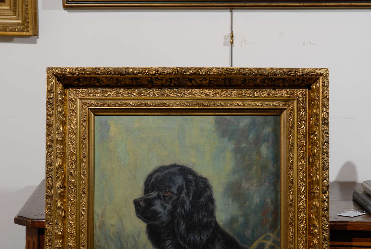 An American oil painting of a black dog set in a gilded frame by artist Charles Liedl from the early to mid-20th century. This painting features a black dog, possibly a Cavalier King Charles Spaniel, sitting in the grass, seemingly contemplating his