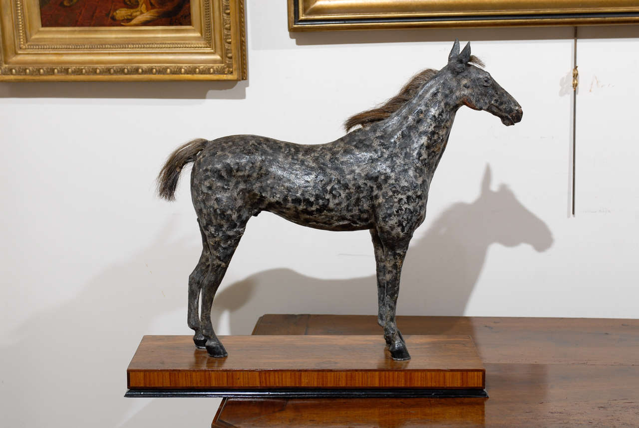 English Late 19th Century Grey Horse Sculpture on Rosewood Base 1
