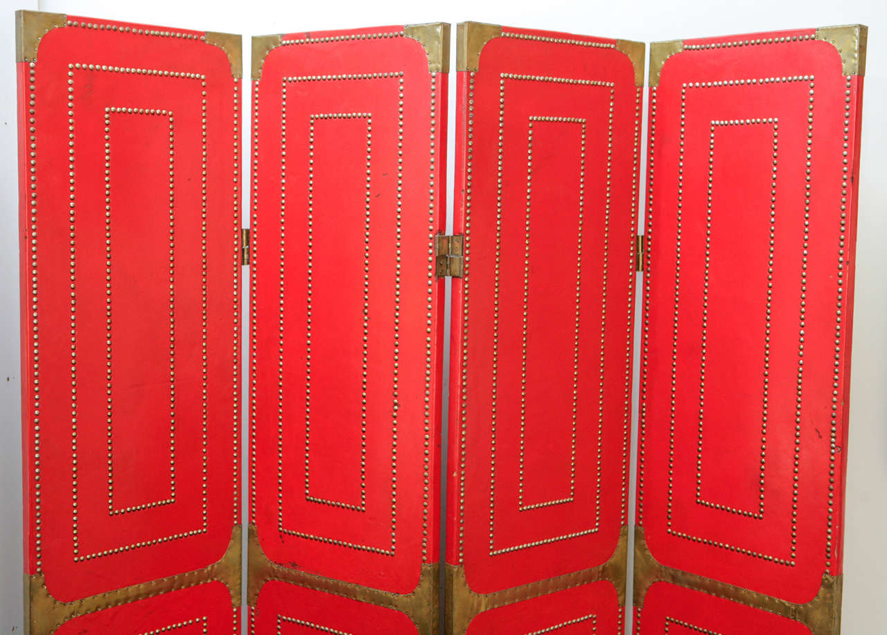 American Four Panel Folding Screen in Red Leather and Brass Studs