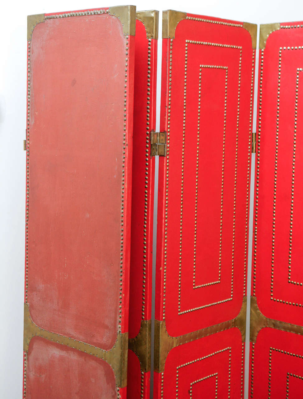 Four Panel Folding Screen in Red Leather and Brass Studs 3