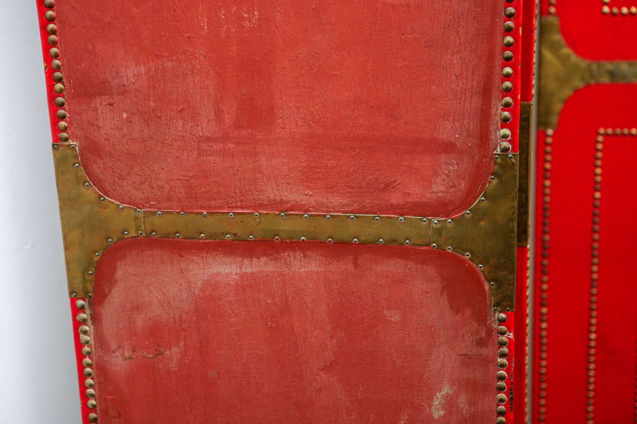 Four Panel Folding Screen in Red Leather and Brass Studs 4