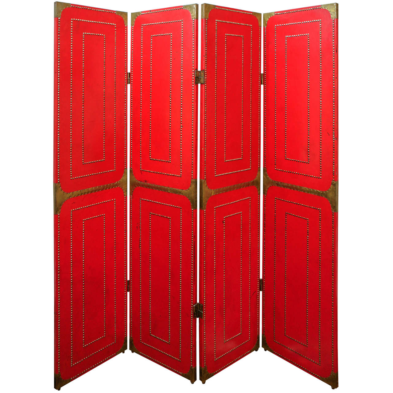 Four Panel Folding Screen in Red Leather and Brass Studs