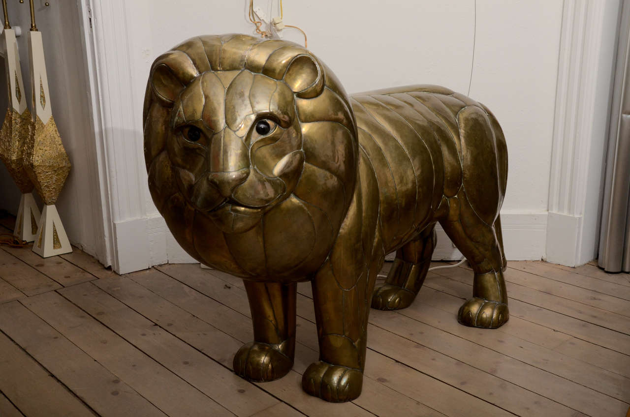 Sergio Bustamante Brass Lion Sculpture In Excellent Condition In Bridgehampton, NY