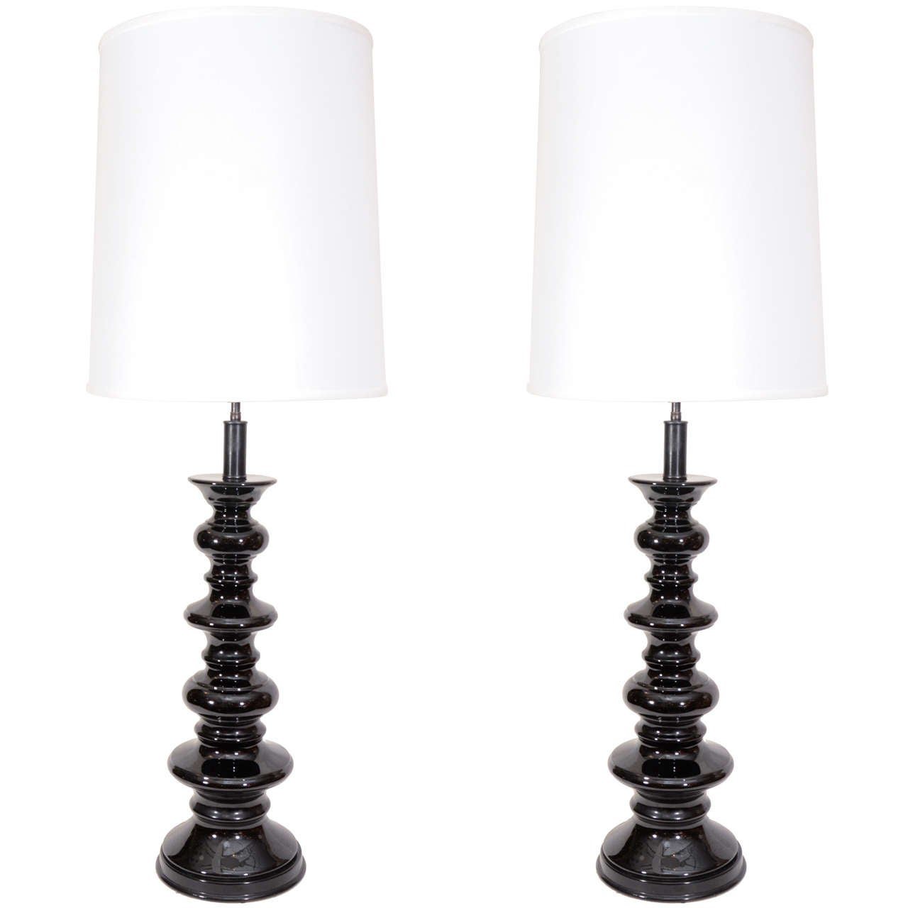 Pair of 1950s Glossy Black Table Lamps For Sale at 1stdibs