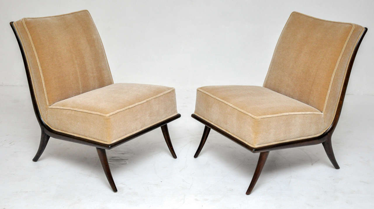 Pair of slipper chairs by Gibbings for Widdicomb.  Fully restored.  Espresso tone finish with new mohair upholstery. 