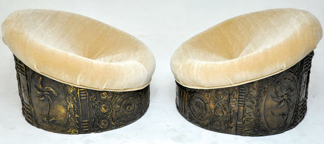 1960's brutalist tub chairs.  Sculpted resin bases, newly upholstered in long pile mohair.  Inspired by Paul Evans.