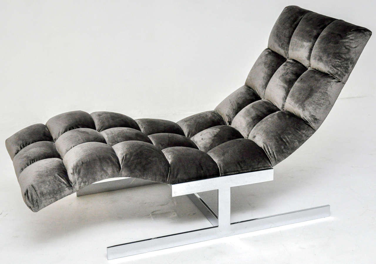 Wave chaise by Milo Baughman. Newly upholstered in silk velvet. Chrome base.