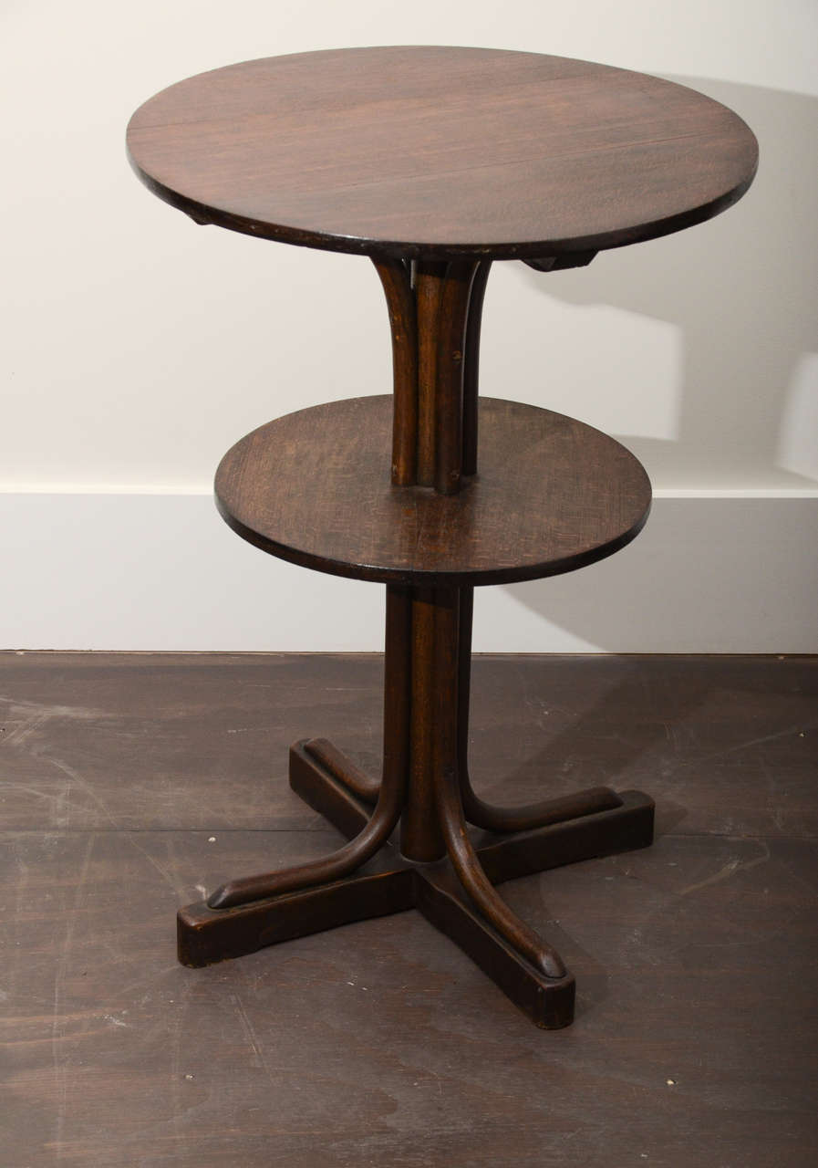 Two-Tiered Round Wooden Side Table in the Style of Thonet with lovely vintage patina. 