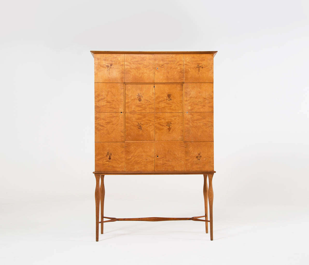 Refined Italian Highboard in Burlwood with Illustrated Doors, 1950's