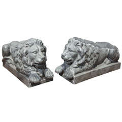 Pair of Cast Zinc Recumbent Lions Stamped J.W Fiske