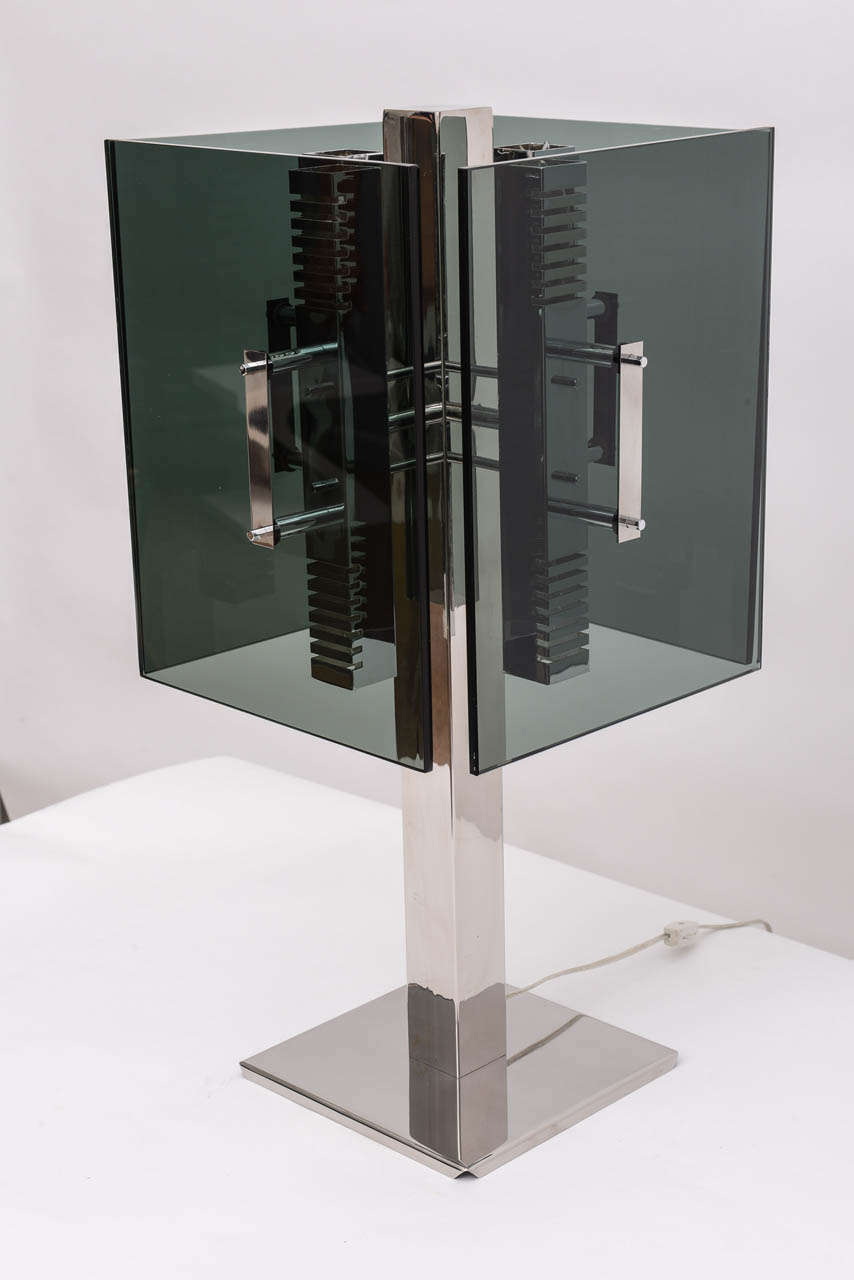 Italian Chrome & Smoke Glass Table Lamp For Sale 2