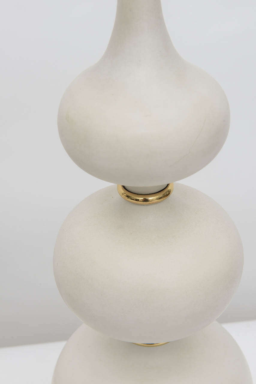 Brass Pair of Matte Porcelain, Stacked Gourd Lamps by Gerald Thurston