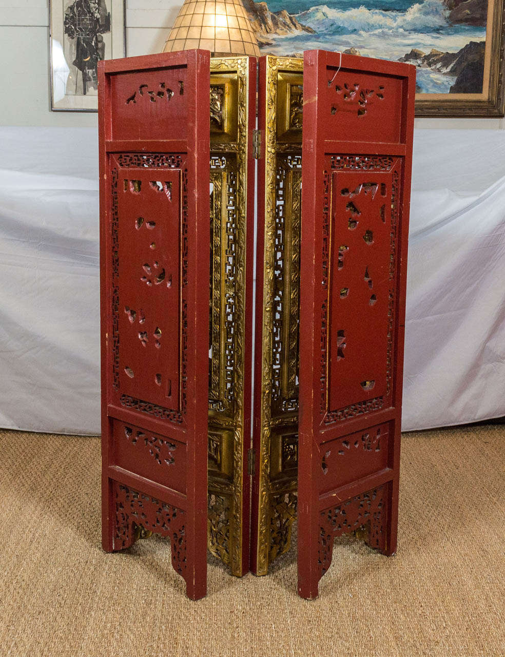 XIXe siècle ecran asiatique du 19ème siècle sculpté à la main et doré