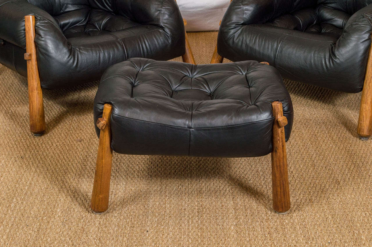 Mid-Century Modern Pair of Black Leather and Rosewood Lounge Chairs with Ottoman by Percival Lafer