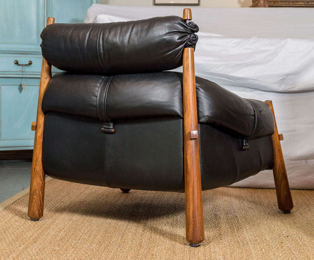 Brazilian Pair of Black Leather and Rosewood Lounge Chairs with Ottoman by Percival Lafer