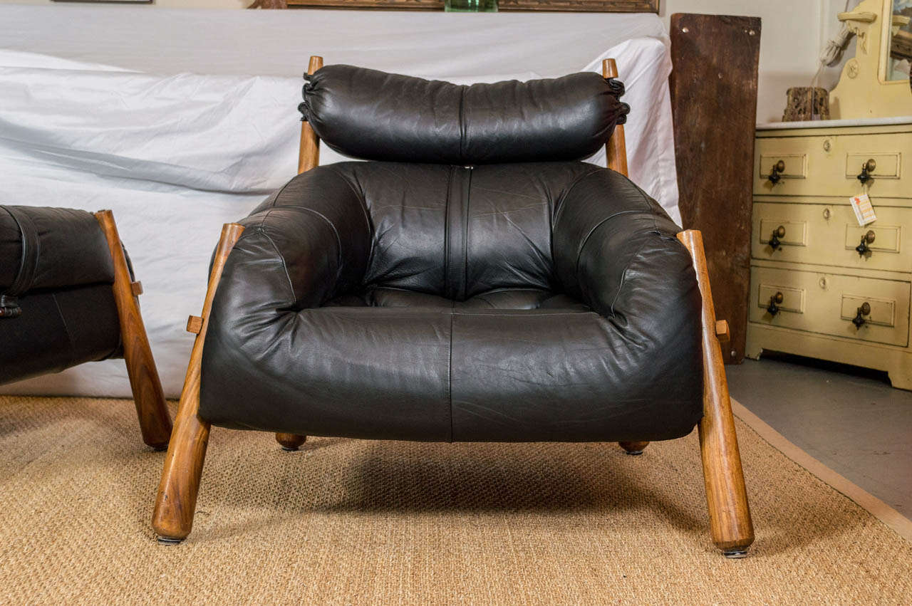 Pair of Black Leather and Rosewood Lounge Chairs with Ottoman by Percival Lafer In Good Condition In San Francisco, CA