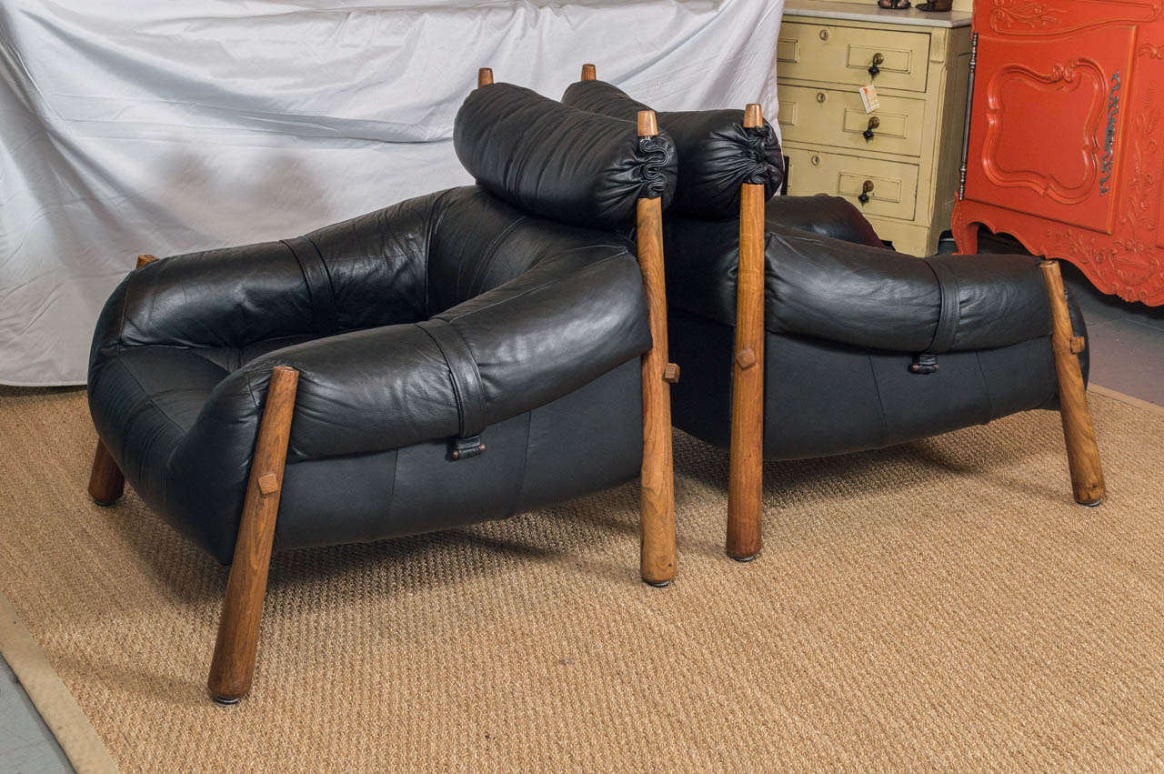 Pair of Black Leather and Rosewood Lounge Chairs with Ottoman by Percival Lafer 1