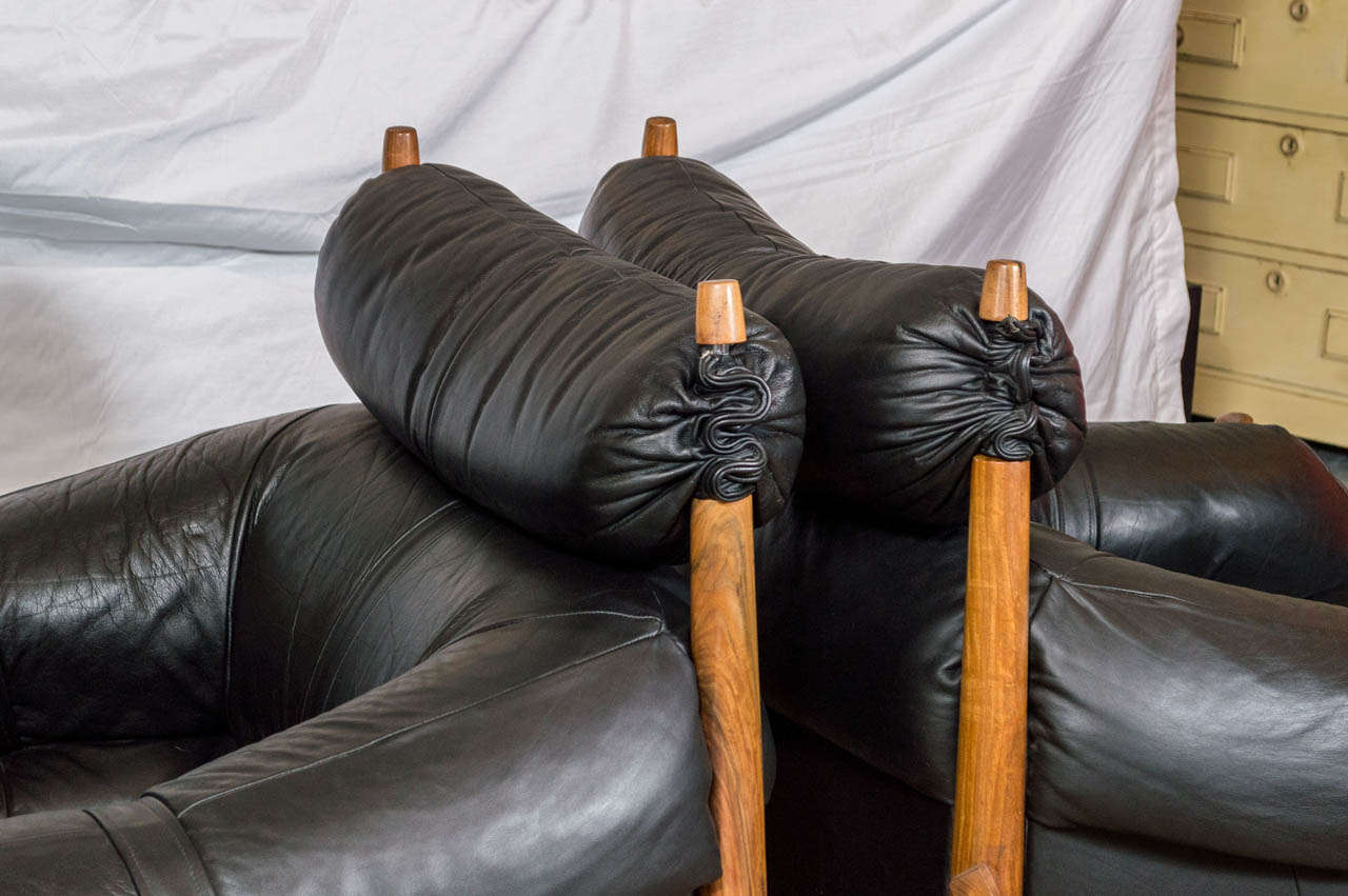 Pair of Black Leather and Rosewood Lounge Chairs with Ottoman by Percival Lafer 2