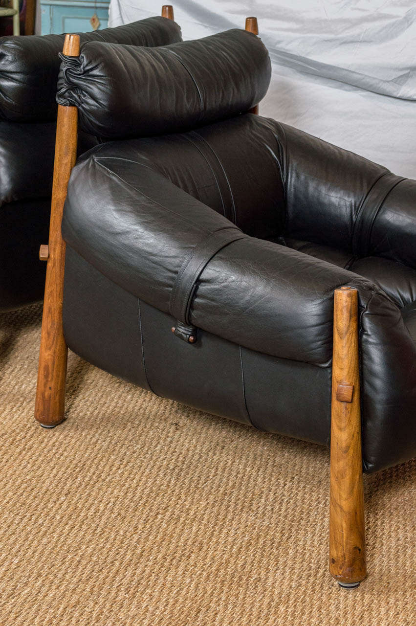 Pair of Black Leather and Rosewood Lounge Chairs with Ottoman by Percival Lafer 3
