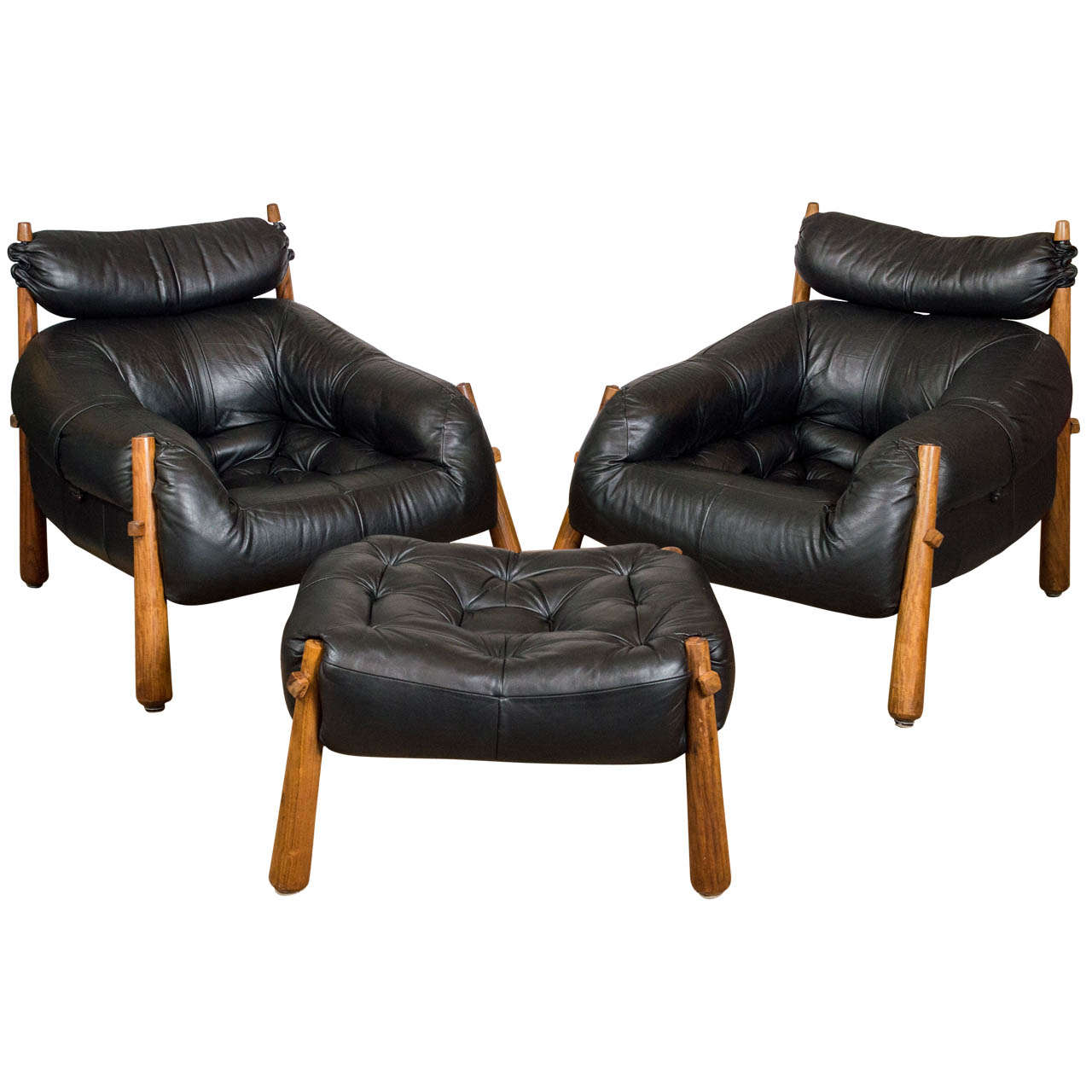 Pair of Black Leather and Rosewood Lounge Chairs with Ottoman by Percival Lafer
