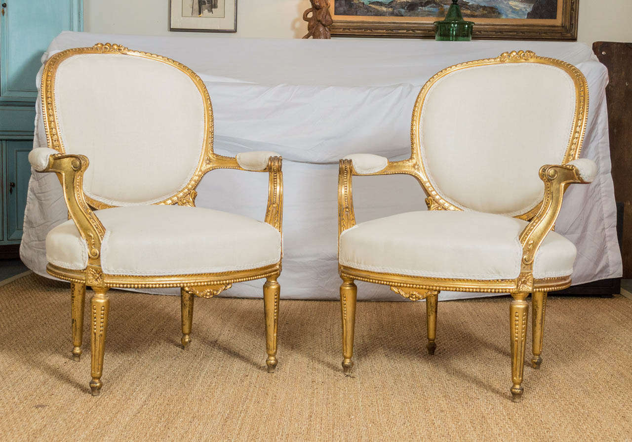 These impressive circa 1860's fauteuils from a Monterey peninsula estate feature gold leaf over wood (possibly oak). Upholstery is white cotton muslin and gimp with tied springs. Carved with beads all around and flowers at the apex with urns