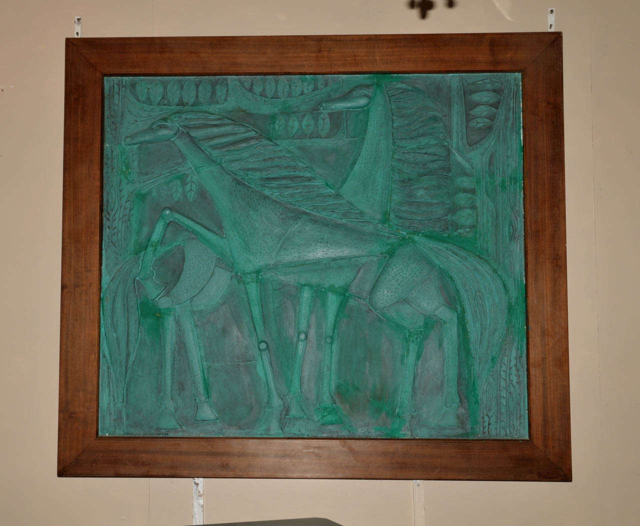 1950's bas-relief. Green patinated plaster. Non original (1970's) wood frame. Country of origin: North Europa. Good condition. Normal wear consistent with age and use.