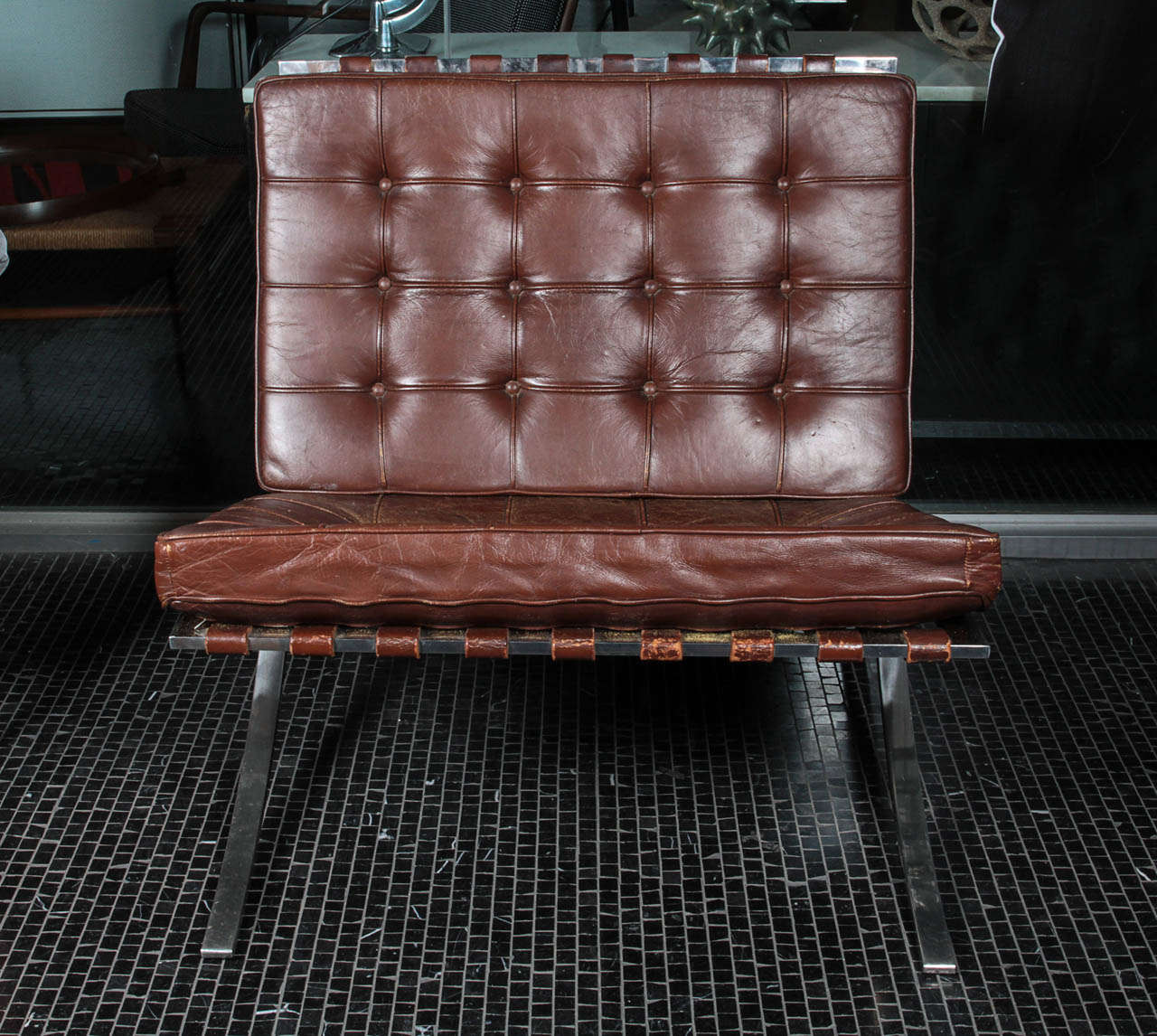 Classic brown leather Barcelona chair by Ludwig Mies van der Rohe, manufactured by Knoll, 1950s.