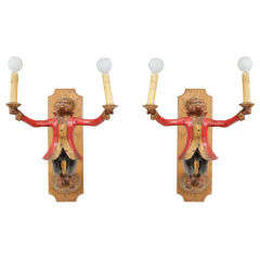 A pair of Vintage Carved and Painted Wood Monkey Sconces