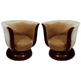 Pair of French Art Deco Wood and Velvet Tub Chairs