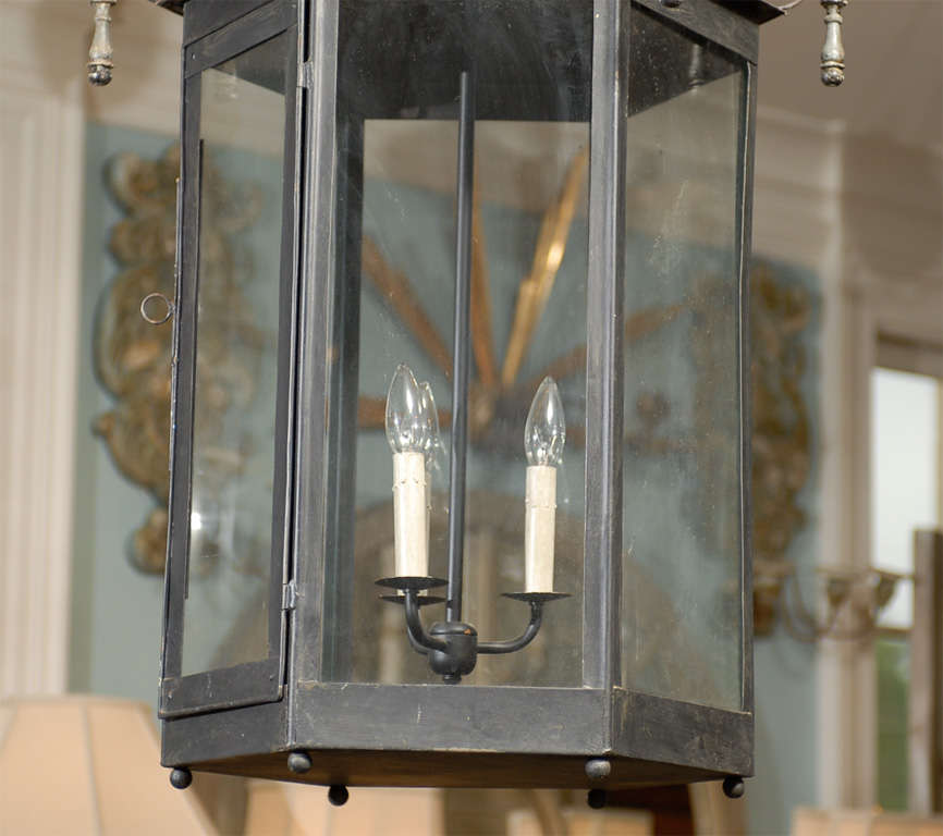 Hexagonal Three-Light Black Painted Tole Lantern with Custom Tassels In Good Condition In Atlanta, GA