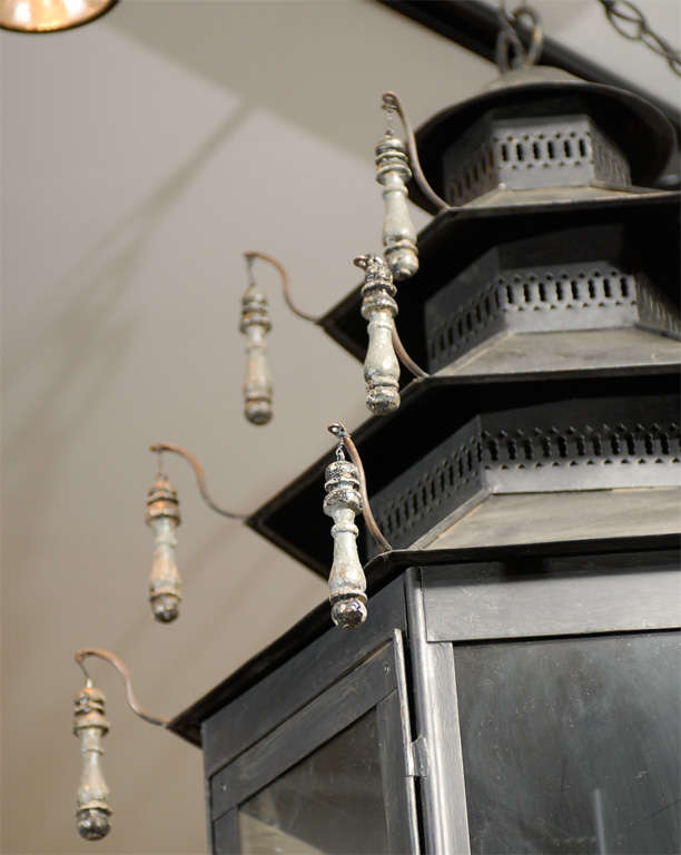 Glass Hexagonal Three-Light Black Painted Tole Lantern with Custom Tassels